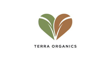 Fototapeta premium Terra Organics Logo Featuring Heart-Shaped Leaves in Green and Brown.