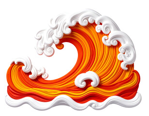 Stylized Ocean Wave with Vibrant Red Orange Yellow Layers and White Foam