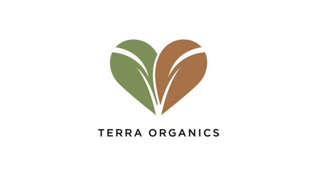 Terra Organics Logo Featuring Heart-Shaped Leaves in Green and Brown.