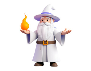 Cute 3D Cartoon Wizard Character in White Robe and Hat Holding a Glowing Orange Magic Orb, Fantasy Concept.