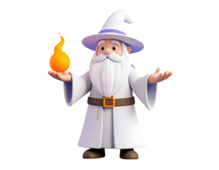 Cute 3D Cartoon Wizard Character in White Robe and Hat Holding a Glowing Orange Magic Orb, Fantasy Concept.