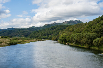 Calm river flowing through green forest and mountain landscape