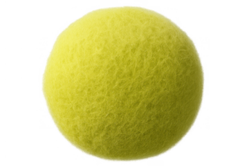 Yellow tennis ball with fuzzy felt texture, isolated on a transparent background, representing sport and recreation