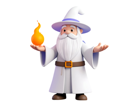Cute 3D Cartoon Wizard Character in White Robe and Hat Holding a Glowing Orange Magic Orb, Fantasy Concept.