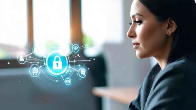 Person observing a glowing digital network with a central lock icon representing online security and data protection - Powered by Adobe