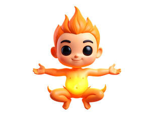 Cute Cartoon 3D Fire Elemental Character Squatting with Open Arms and Glowing Belly