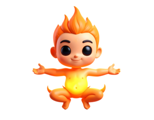 Cute Cartoon 3D Fire Elemental Character Squatting with Open Arms and Glowing Belly