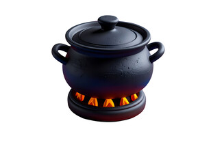 Stylized Black Cooking Pot on Flames. Dark Cast Iron Cauldron Heating with Orange Fire, 3D Render Isolated on Black.