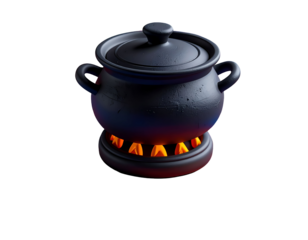 Stylized Black Cooking Pot on Flames. Dark Cast Iron Cauldron Heating with Orange Fire, 3D Render Isolated on Black.