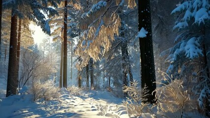 Generative AI. Snow-covered forest scene with tall evergreen trees, sunlight filtering through branches, creating a serene winter atmosphere and inviting pathway through the snow - Powered by Adobe