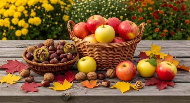 Bountiful harvest of autumn healthy food: fresh red and green apples, chestnuts, and walnuts artfully arranged on a rustic wooden table with vibrant fall leaves and a floral background.