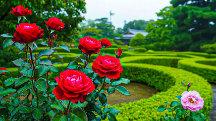 Beautiful red roses blooming in green garden with fresh morning dew and natural background