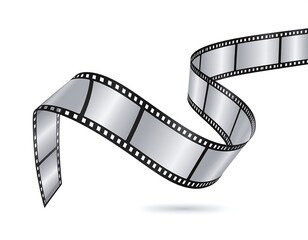 3D rendered, floating filmstrip with gray frames, black edges, and a white background