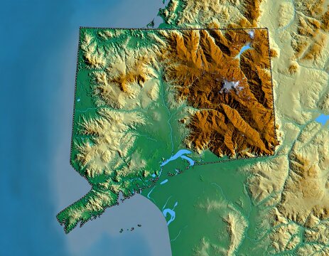3D rendered elevation map featuring mountain ranges, rivers, and coastlines in vibrant colors