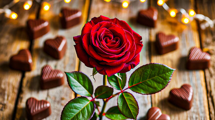 Red rose with heart chocolates and warm lights on wooden background