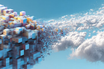 Digital pixel cloud dissolving into soft white dust, abstract 3D cubes blending with sky and clouds, futuristic technology, data transformation, serene and imaginative concept