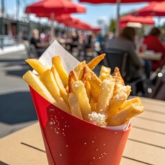 Crispy golden French fries in a red paper cone at a cafe