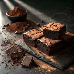 Dark chocolate brownies cut in squares on a dark surface