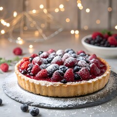 Delicious mixed berry tart with glaze on a wooden plate