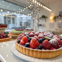 Delicious Mixed Berry Tart with Glistening Glaze and Powdered Sugar