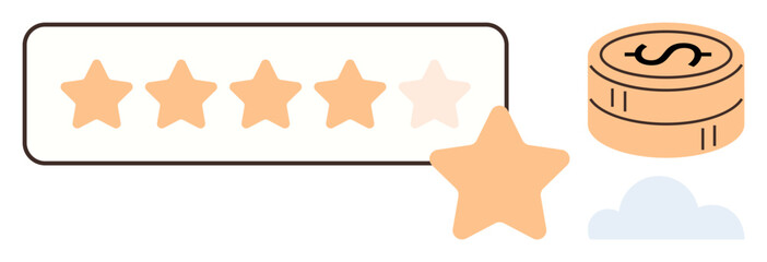 Five-star rating bar with partial highlights, a loose star, stack of golden coins, and cloud imagery. Ideal for feedback, review, rating, finance, success customer satisfaction and quality