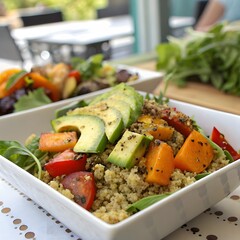Delicious quinoa salad with avocado and roasted vegetables