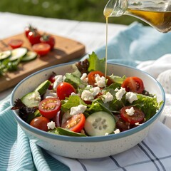 Delicious salad with tomatoes and greens being dressed