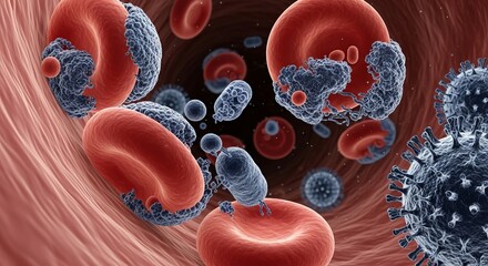 Microscopic view of red blood cells and viruses interacting within a blood vessel showing infection and immune response in the bloodstream