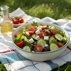 Fresh vegetable salad in a bowl with mixed greens and tomatoes