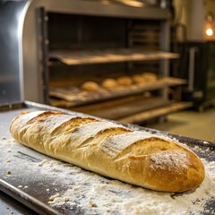 Freshly Baked Baguette on a Tray with Golden Crust