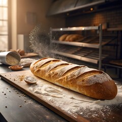 Freshly Baked Baguette with Golden Crust on Wooden Board