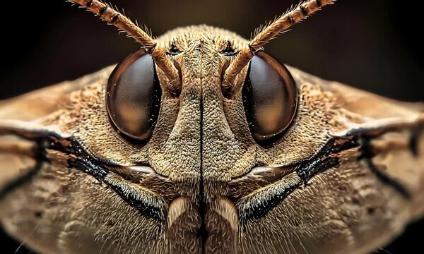 Extreme Macro View Reveals Intricate Details of a Moths Compound Eyes and Antennae.