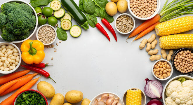 Abundant autumn healthy food selection: fresh seasonal vegetables, legumes, and seeds arranged on a clean background, ideal for nutritious eating and well-being. - Powered by Adobe