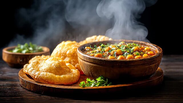 Delicious and spicy chole bhature, a popular north indian dish, served hot, Steaming hot indian street food chaat served in a bowl with crispy puri, 4k video