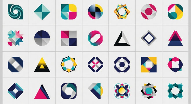 Collection of colorful geometric logo designs, showcasing abstract shapes and patterns for branding and visual identity - Powered by Adobe