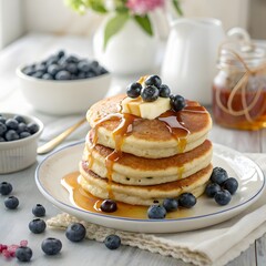 Stack of fluffy pancakes drizzled with maple syrup and fruit