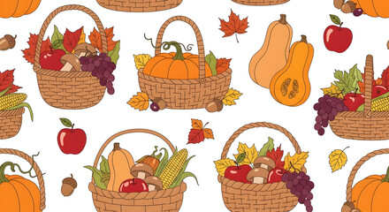 Seamless pattern of colorful autumn healthy food harvest in baskets, featuring pumpkins, apples, grapes, corn, and squash – a vibrant, rustic illustration for seasonal designs.