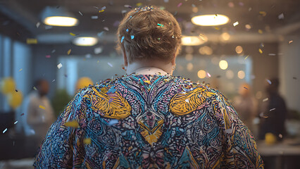 A person is celebrating with confetti in an office setting, surrounded by colleagues