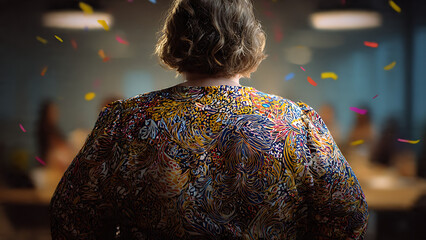 A woman stands confidently, viewed from the back, adorned in a vibrant patterned jacket amid a festive confetti shower