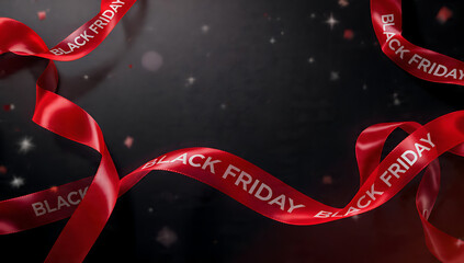 Black Friday ribbons with an elegant dark backdrop create anticipation and excitement. The red ribbons, a symbol of deals, spiral across the scene, creating visual appeal