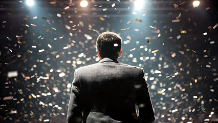 A man standing confidently on a stage under bright lights, surrounded by confetti