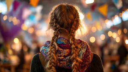 A young woman with braided hair and a patterned scarf is captured from behind, gazing at colorful decorations