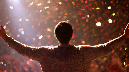 A man stands with arms outstretched, experiencing a moment of pure bliss amidst a cascade of confetti