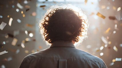 A person stands facing away, with confetti raining down, illuminated by a spotlight