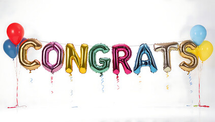 Colorful balloon letters spelling out CONGRATS are arranged in front of a white surface, with a collection of balloons beside it. These festive balloons are perfect for celebrating special occasions.
