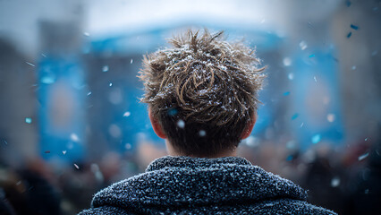 A person standing outdoors, snowflakes falling on the shoulders, observing the events 