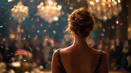 A woman watching the crowd with confetti in the air during party