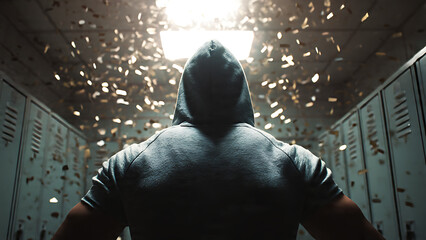 A determined individual stands facing a room filled with money, embracing a scene of wealth and aspiration. The person embodies the pursuit of affluence, in a place of financial ambition