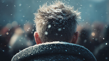 A person stands in a snow-covered environment, the flakes gently falling around them. The individual, seen from behind, is surrounded by an out-of-focus crowd.