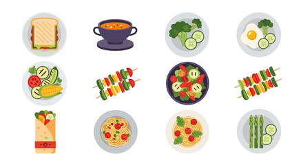 A collection of twelve different healthy food dishes, including sandwiches, soup, salads, skewers, wraps, pasta, and asparagus, presented on plates and bowls.